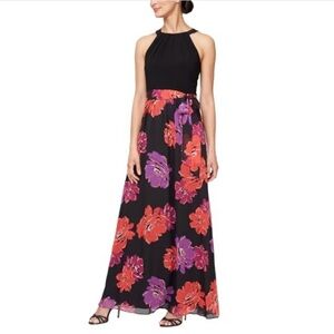 SLNY Black Floral Maxi Dress with Red and Purple Accents